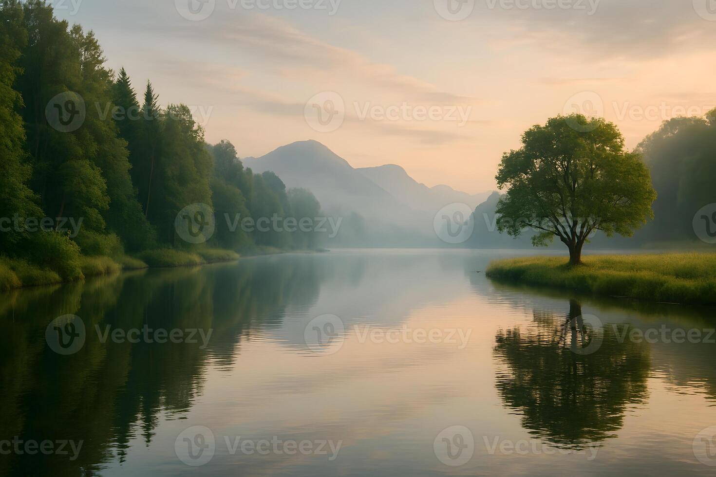 A tree is standing in the middle of a river photo