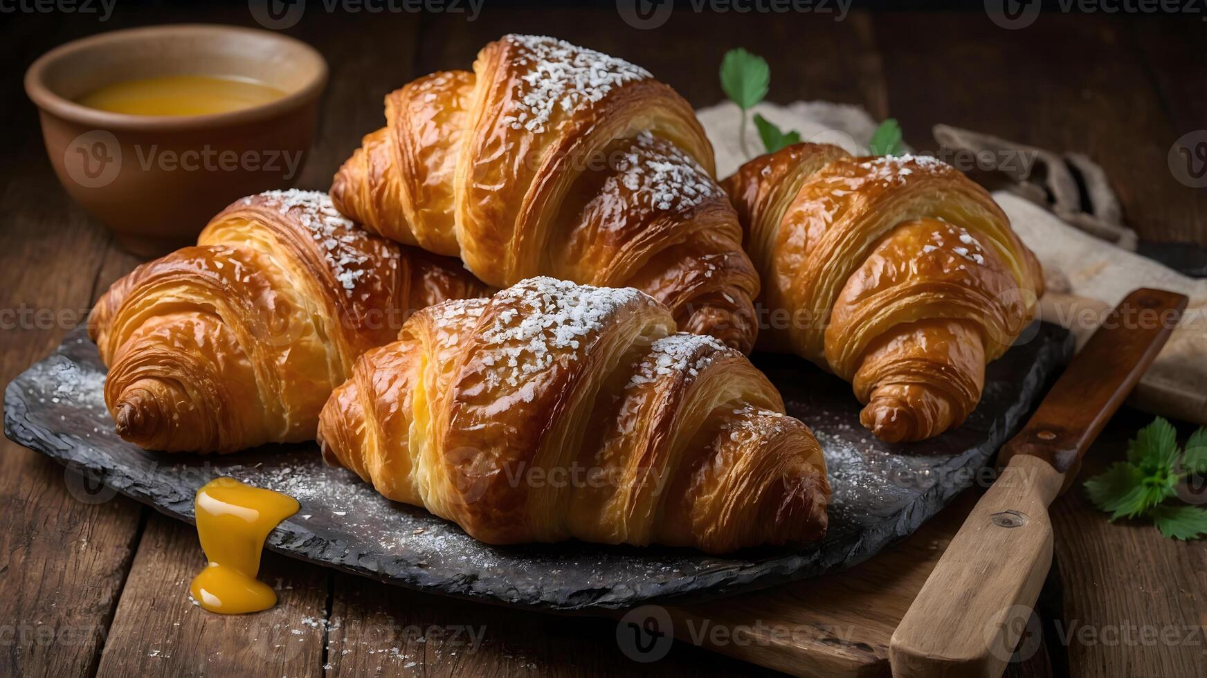 Croissants with honey and butter on a black slate photo