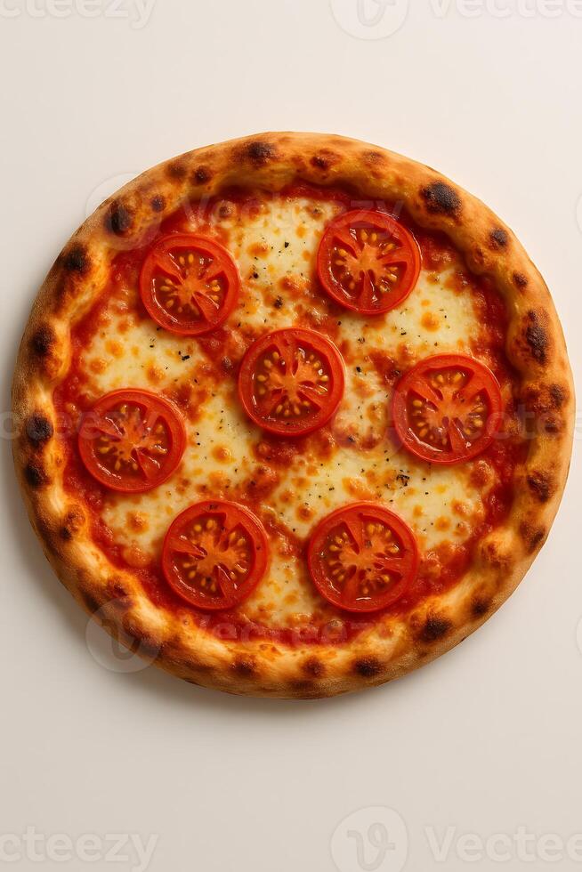 A pizza with tomatoes on top on a white surface photo