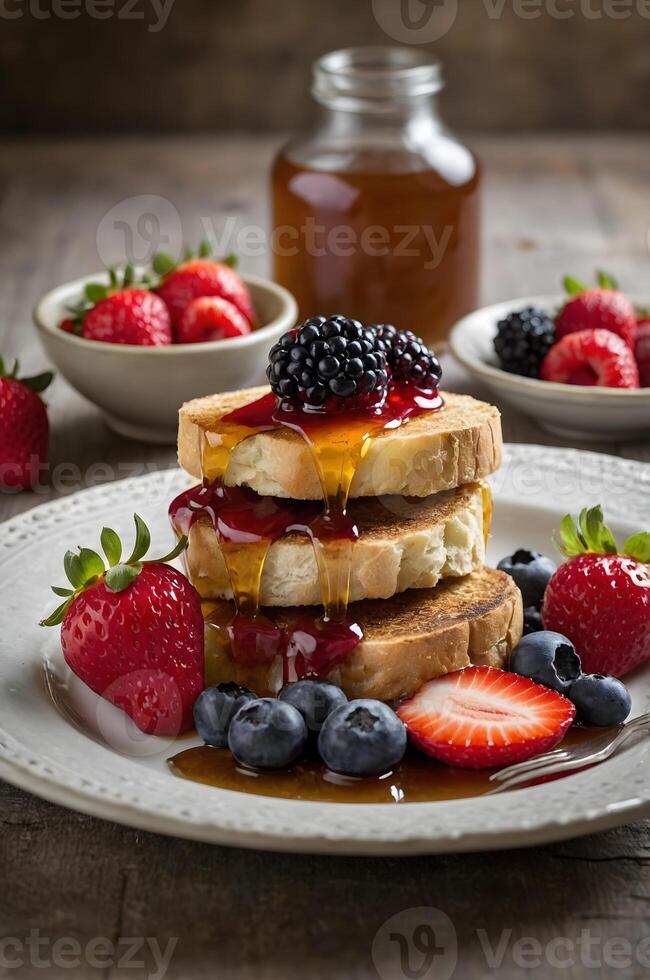 A stack of pancakes with berries and syrup on a plate photo