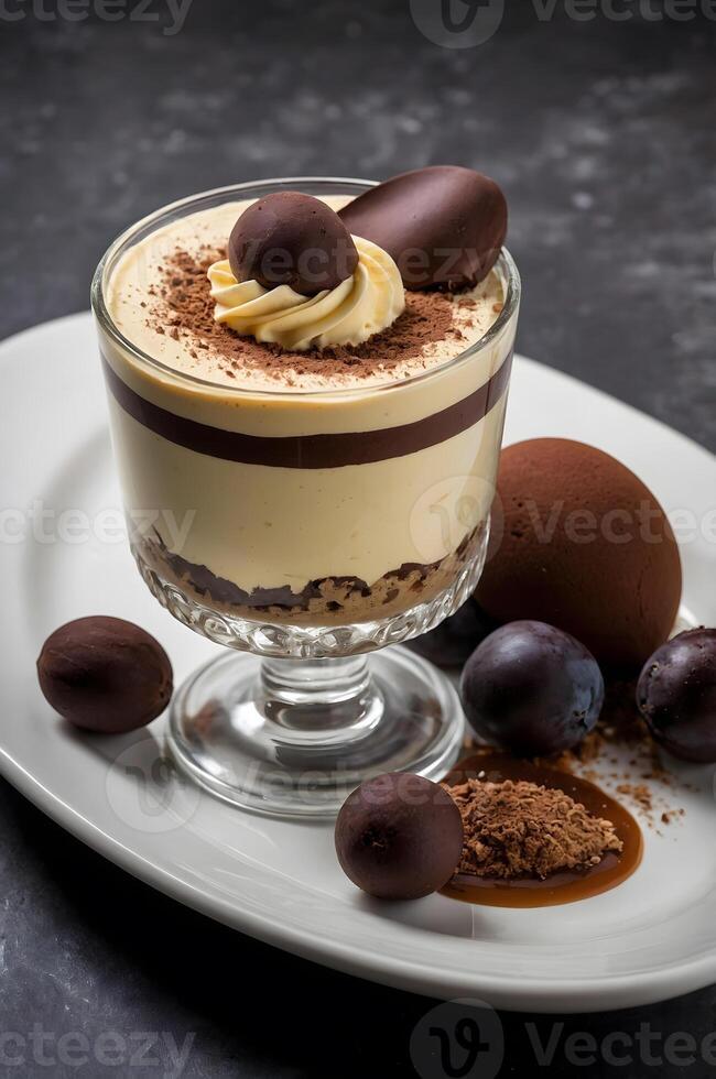 A dessert with chocolate and whipped cream photo