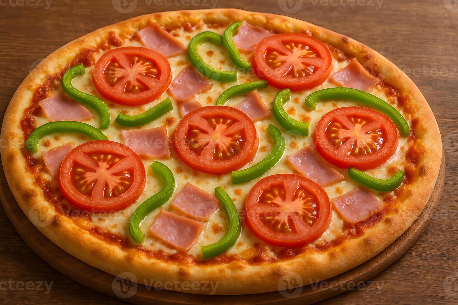 A pizza with ham, tomatoes, peppers and green peppers photo