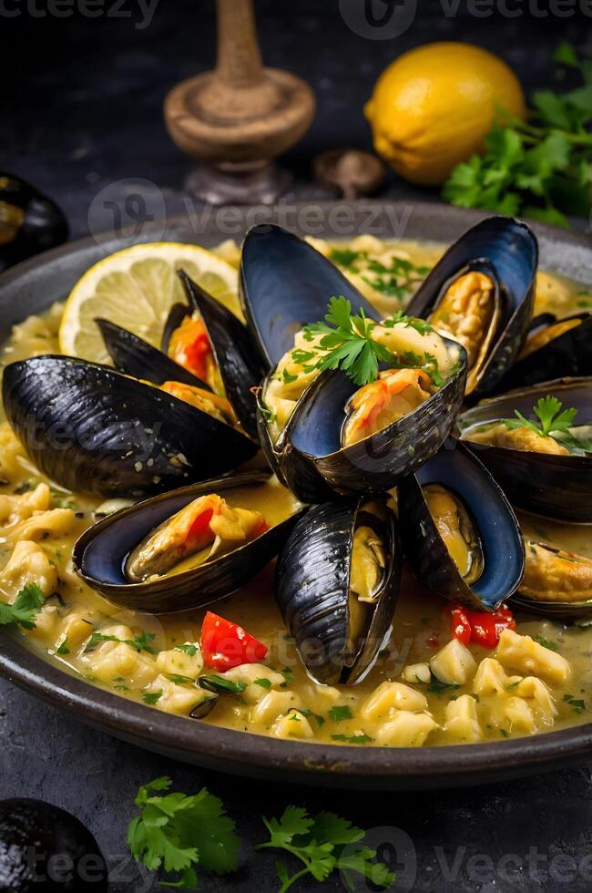 Mussels in a creamy sauce with parsley and lemon photo