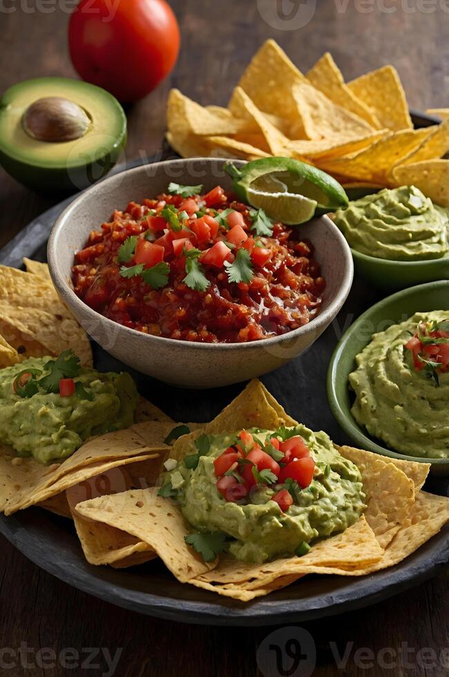 A plate of tortilla chips, salsa and guacamole photo
