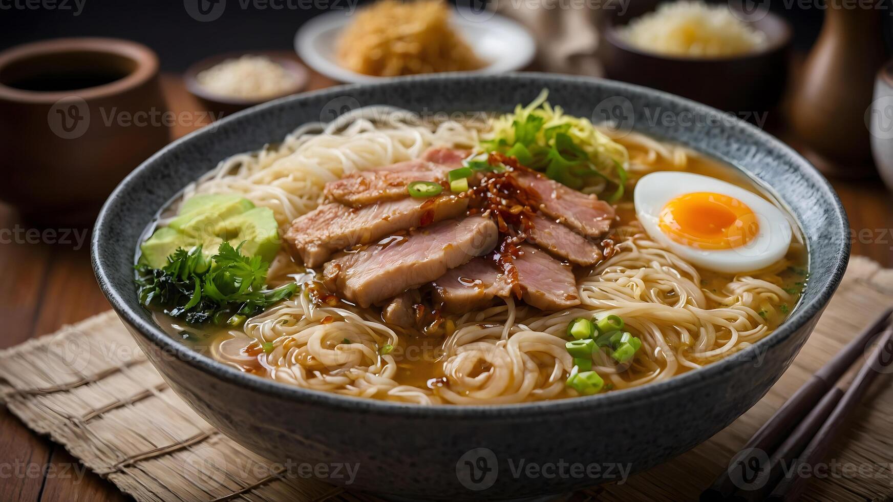 A bowl of ramen with meat, eggs and noodles photo