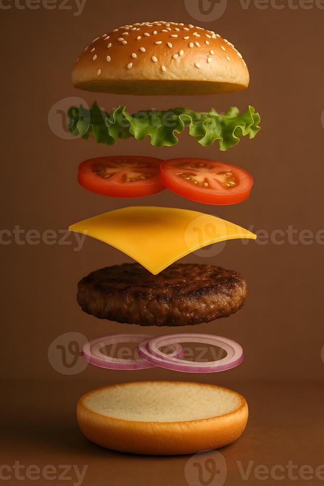 A hamburger is shown with cheese, onions and tomatoes photo