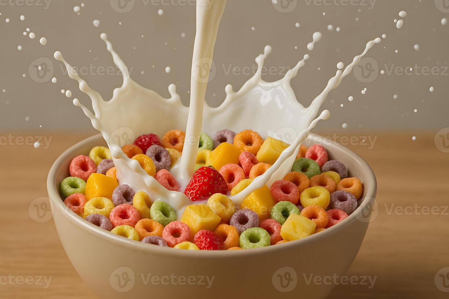 A bowl of cereal with milk pouring over it photo