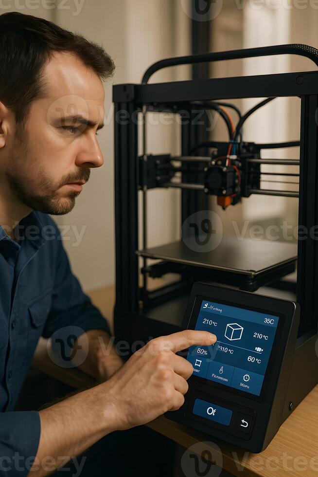 A man is using a 3d printer to make a model photo