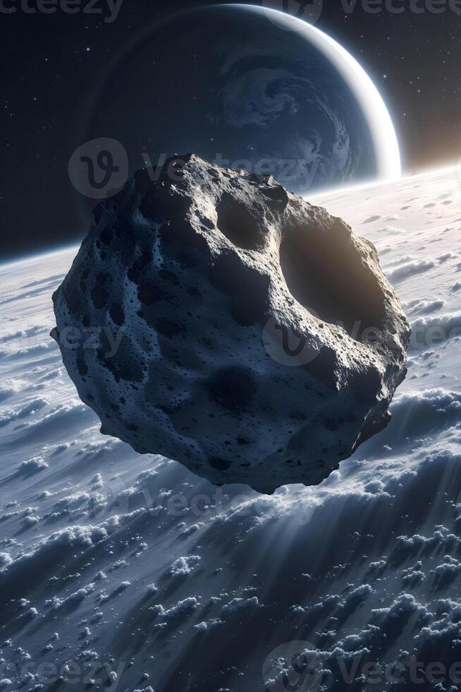 An asteroid is seen in the sky above the earth photo