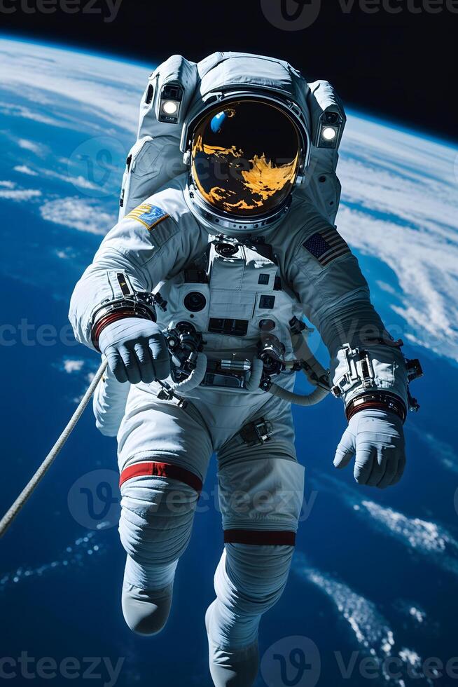An astronaut floating in space with a rope photo