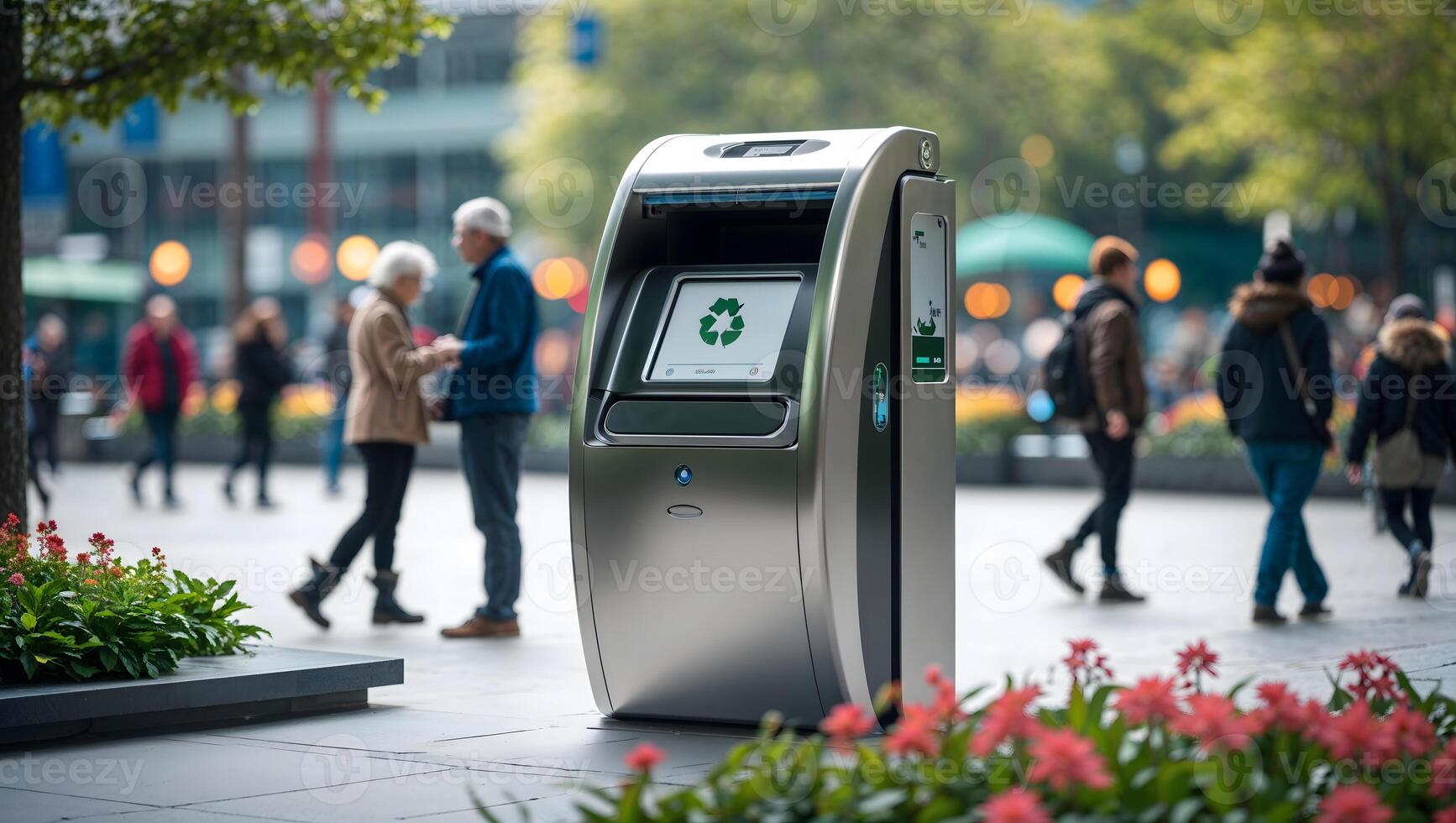 A person is walking by a machine that has a green screen photo
