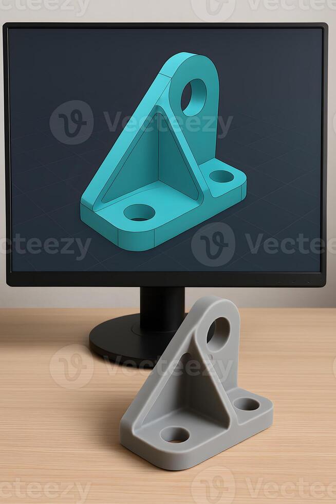 A computer monitor and a 3d printed object photo