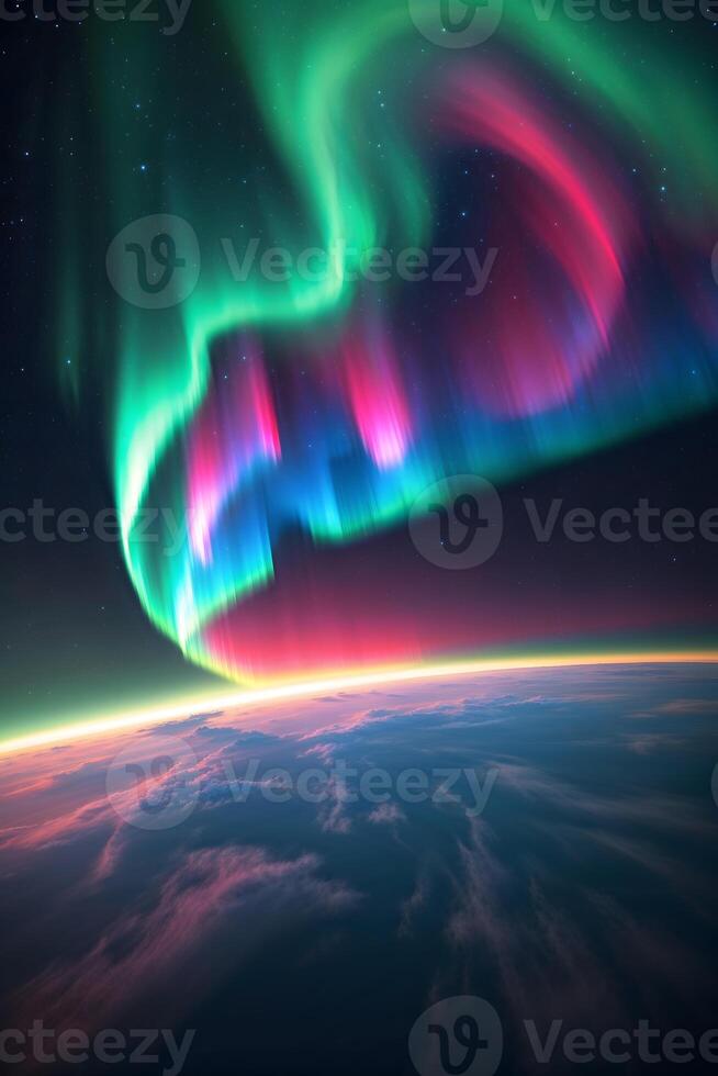 Aurora borealis over earth, as seen from space photo