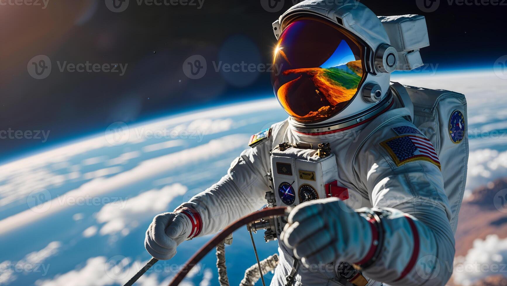 An astronaut in space with a rope photo