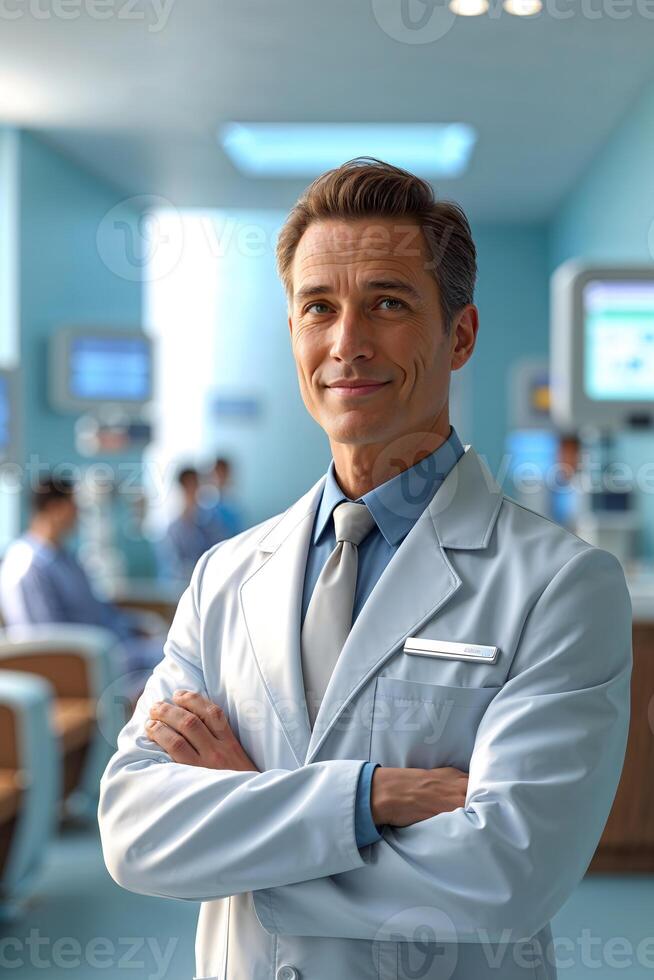 A man in a white coat standing in a hospital photo
