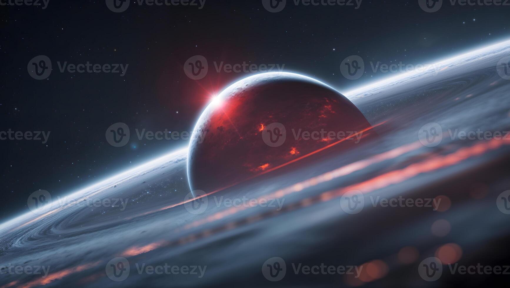 An alien planet with a red sun in the background photo