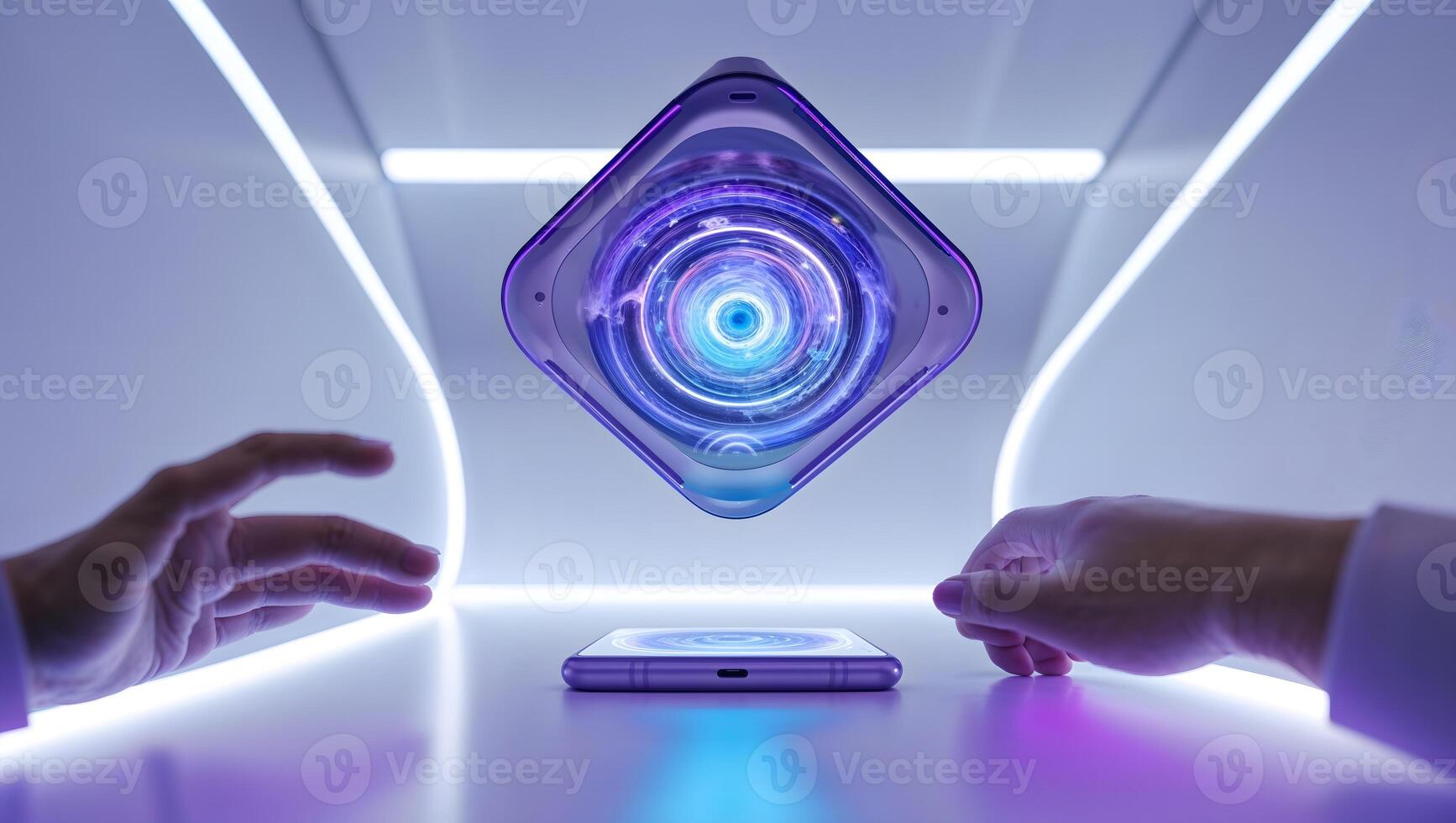 Hands reaching for a phone with a futuristic design photo
