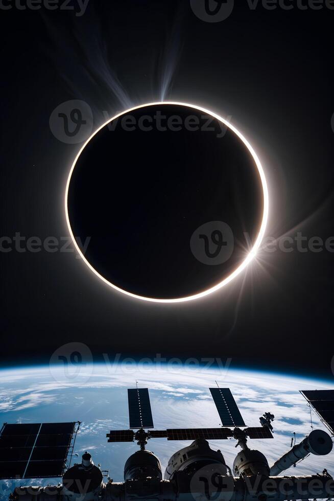 An eclipse seen from space with the earth in the background photo