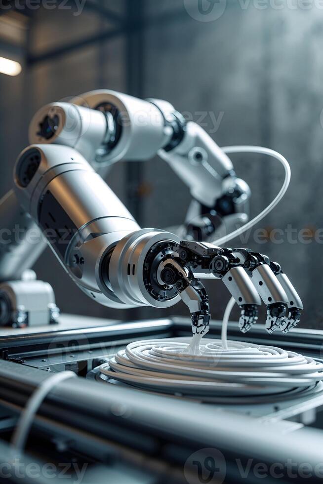 Robot arm working on a machine in a factory photo