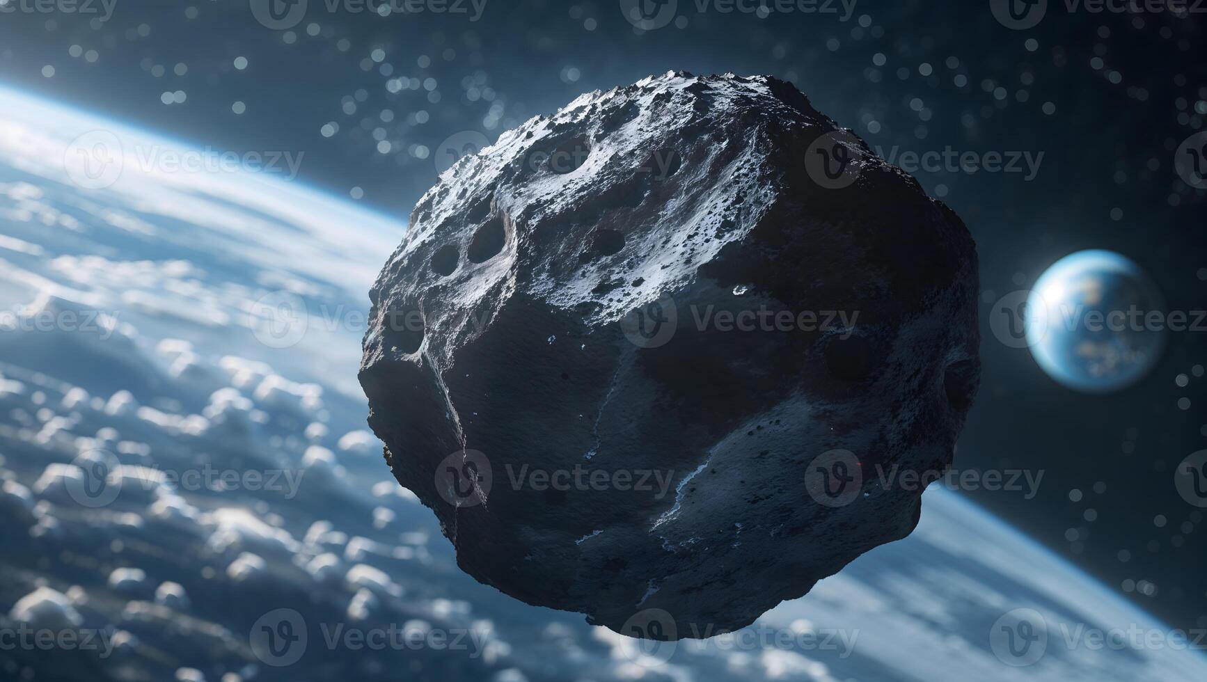 An asteroid is seen in the sky above earth photo