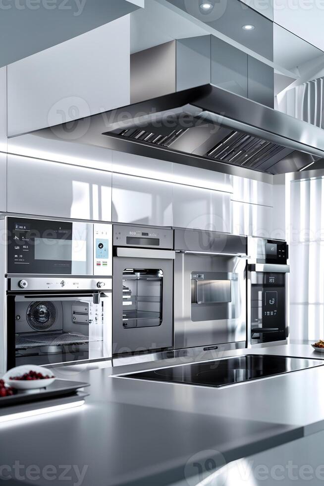 A modern kitchen with stainless steel appliances photo