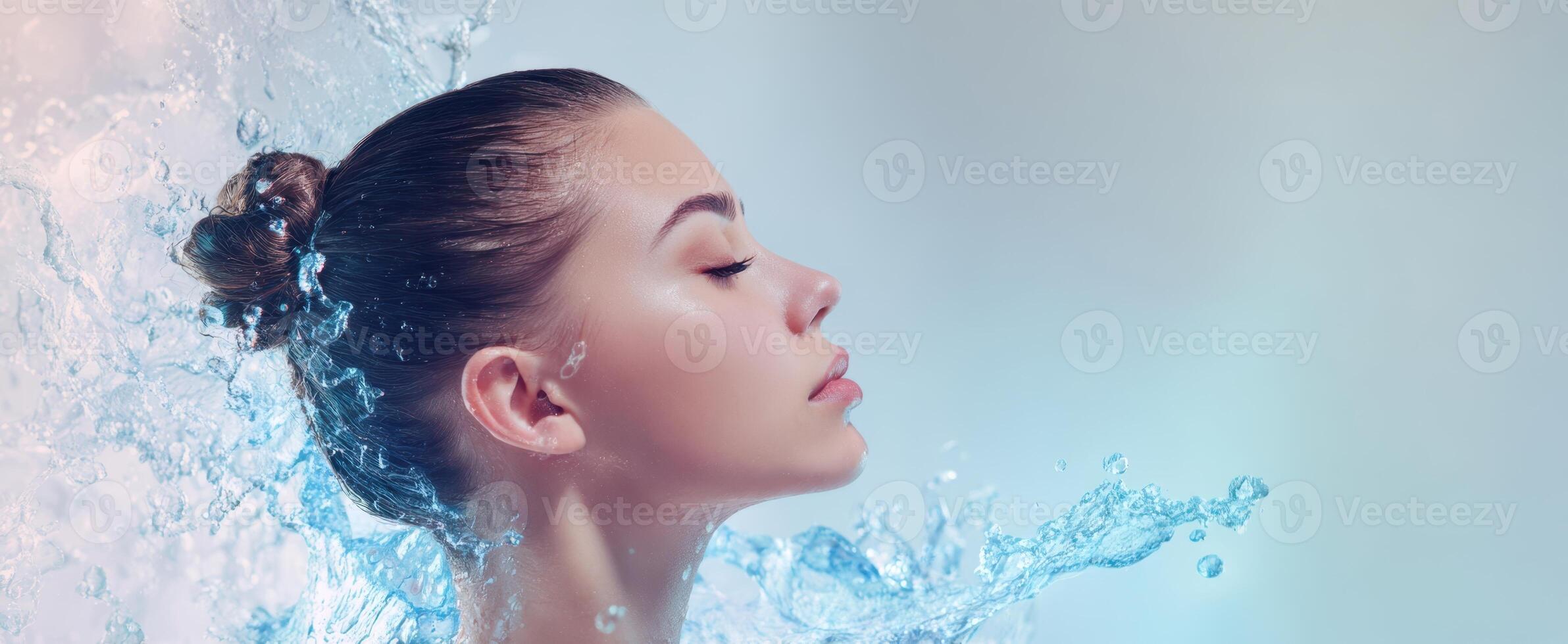 The captivating beauty of a girl submerged in ethereal water splashes photo