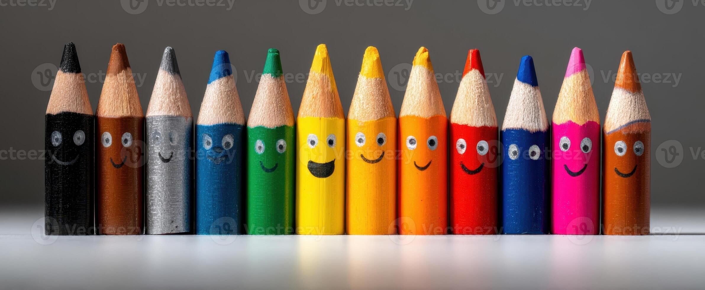 The cheerful array of colorful crayons with smiling faces in perfect alignment. photo