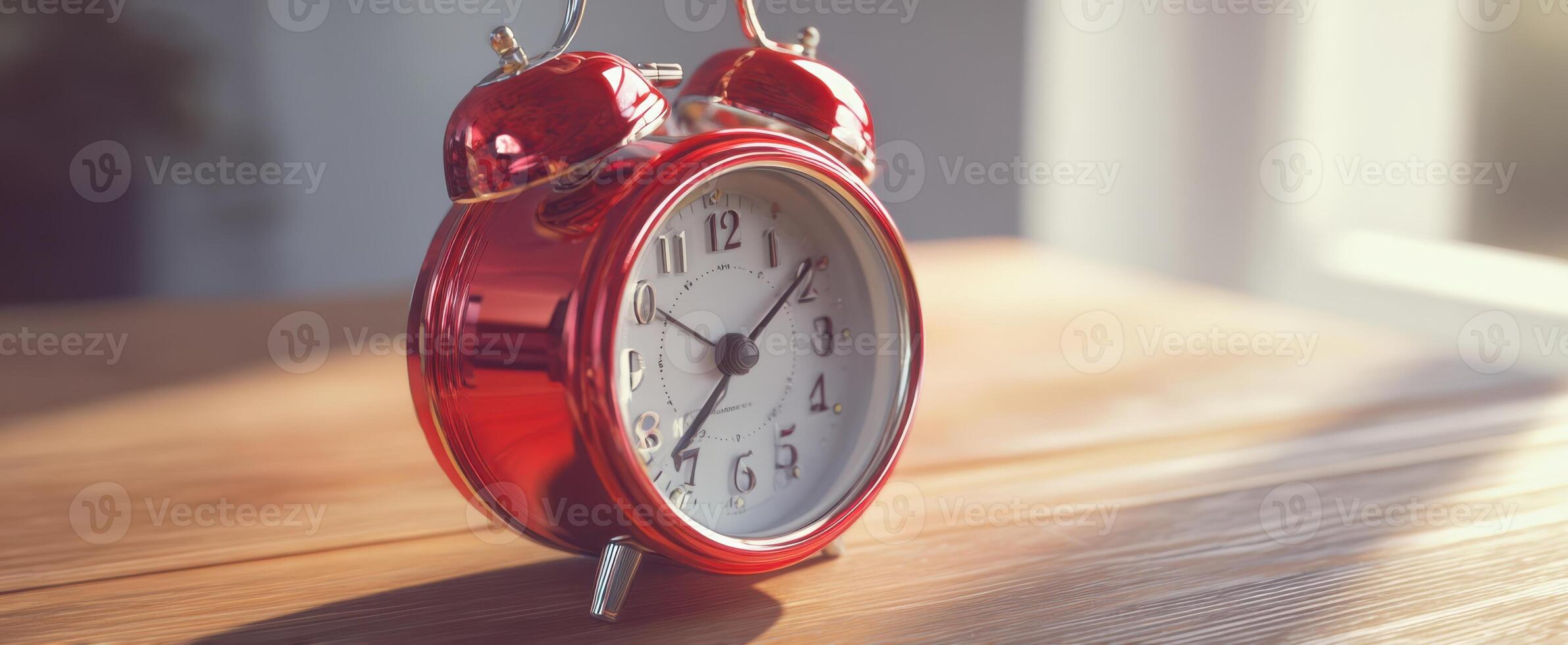 The classic red alarm clock on a wooden table in morning sunlight. photo