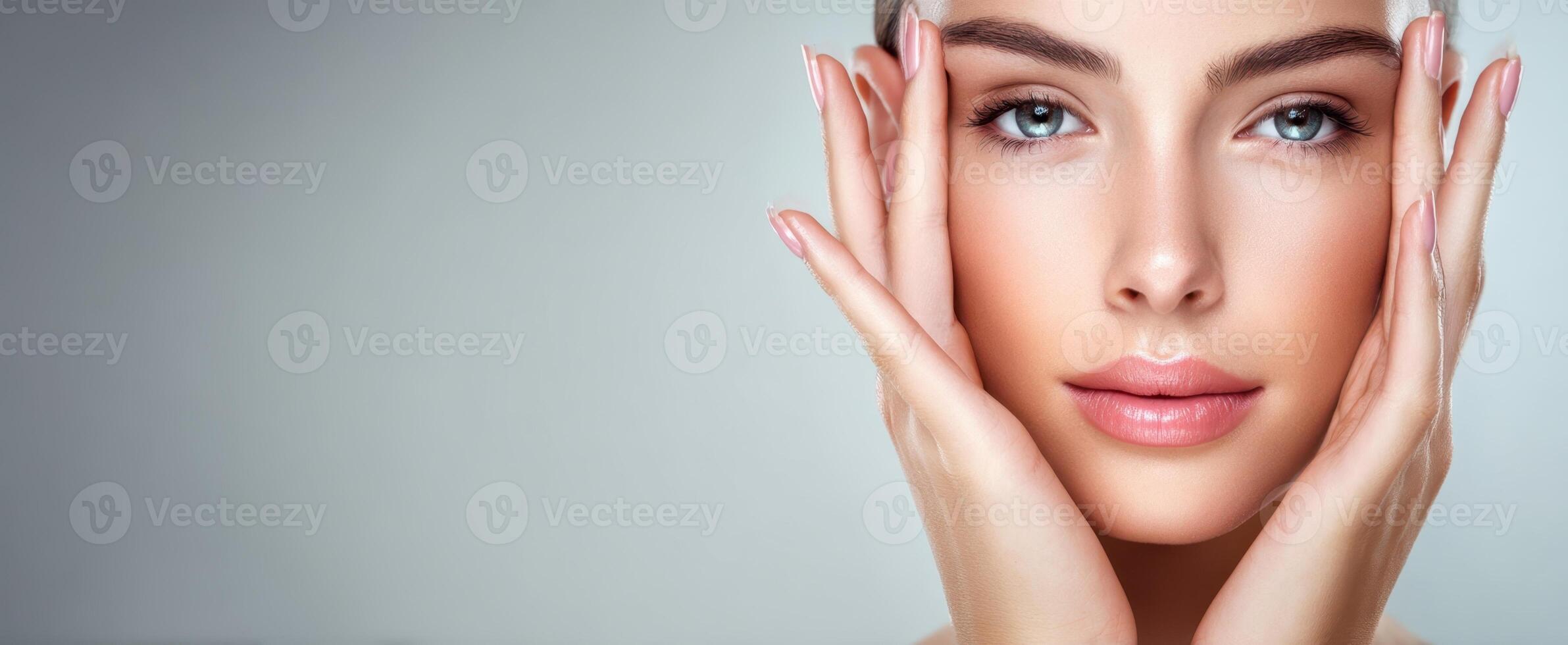 The captivating beauty of a serene woman showcasing radiant, flawless skin. photo