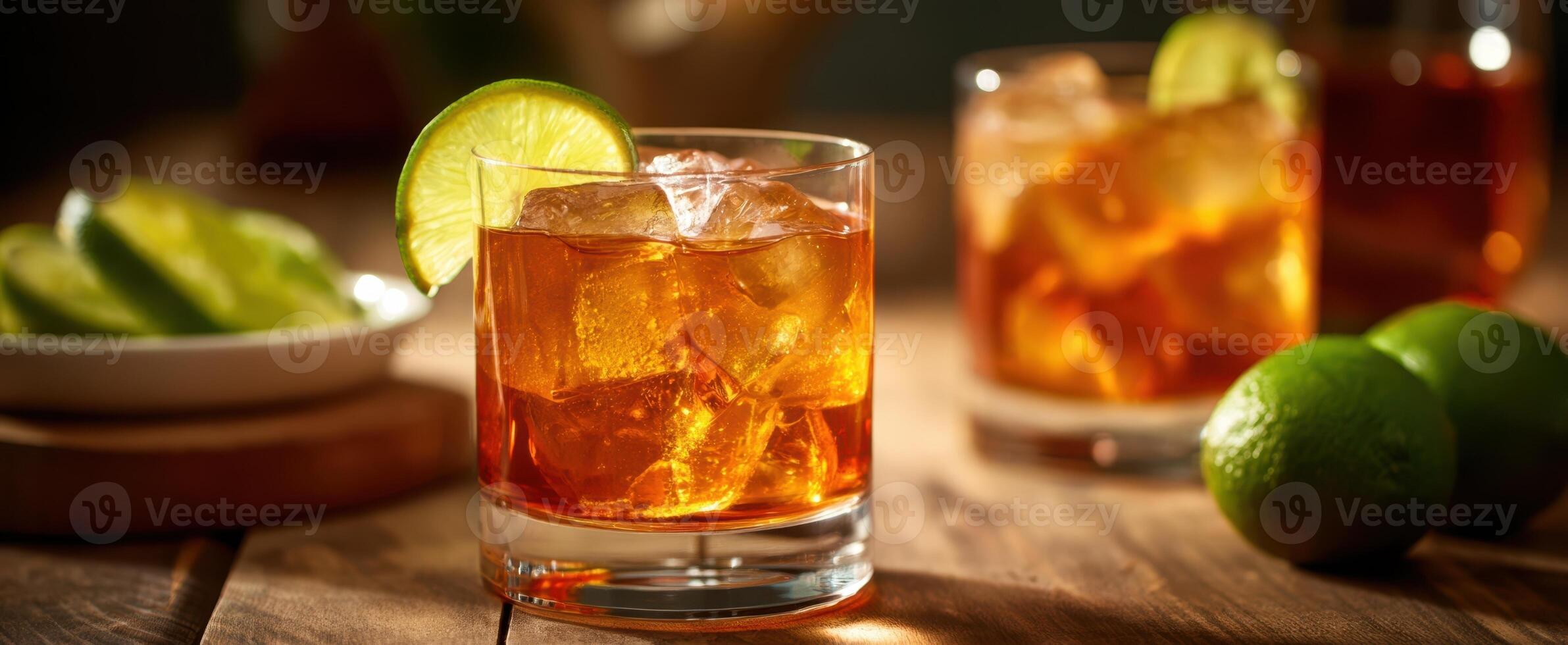 Two glasses of alcohol with lime slices on a wooden table photo