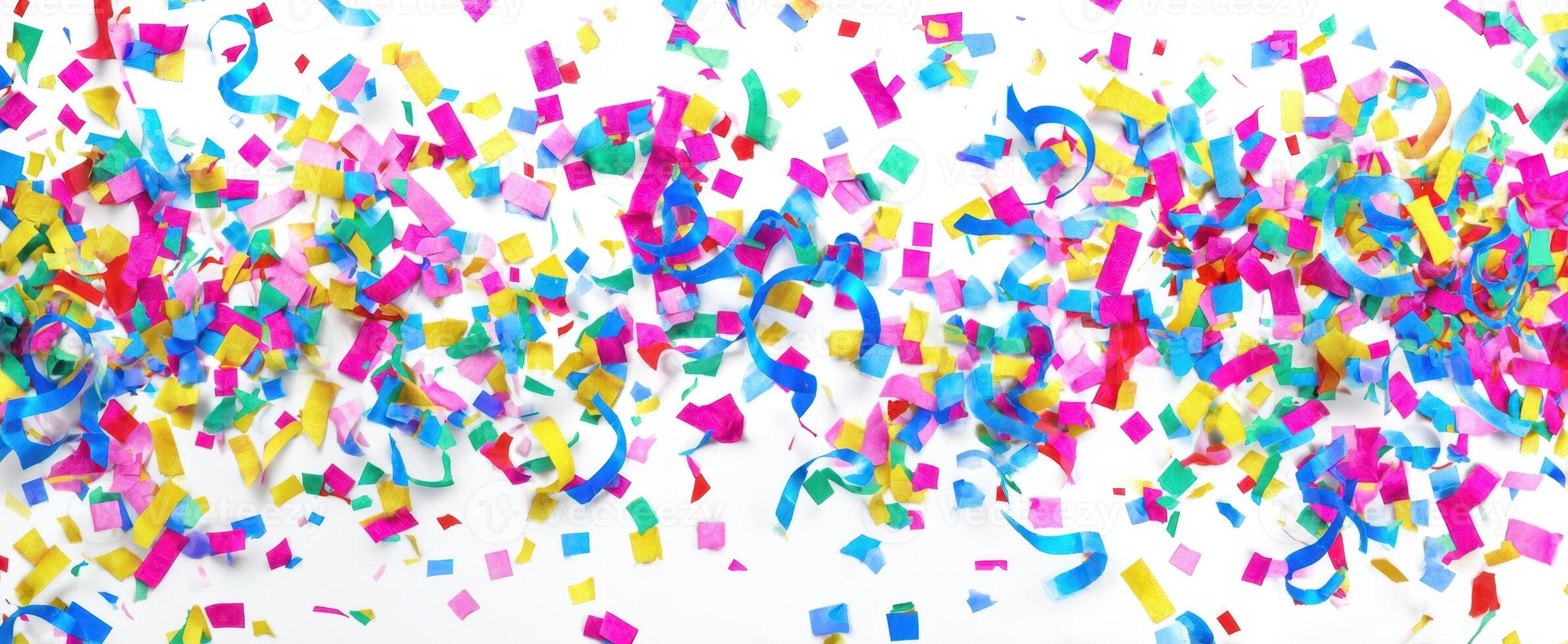 The colorful confetti creating a vibrant celebration atmosphere on white background. photo