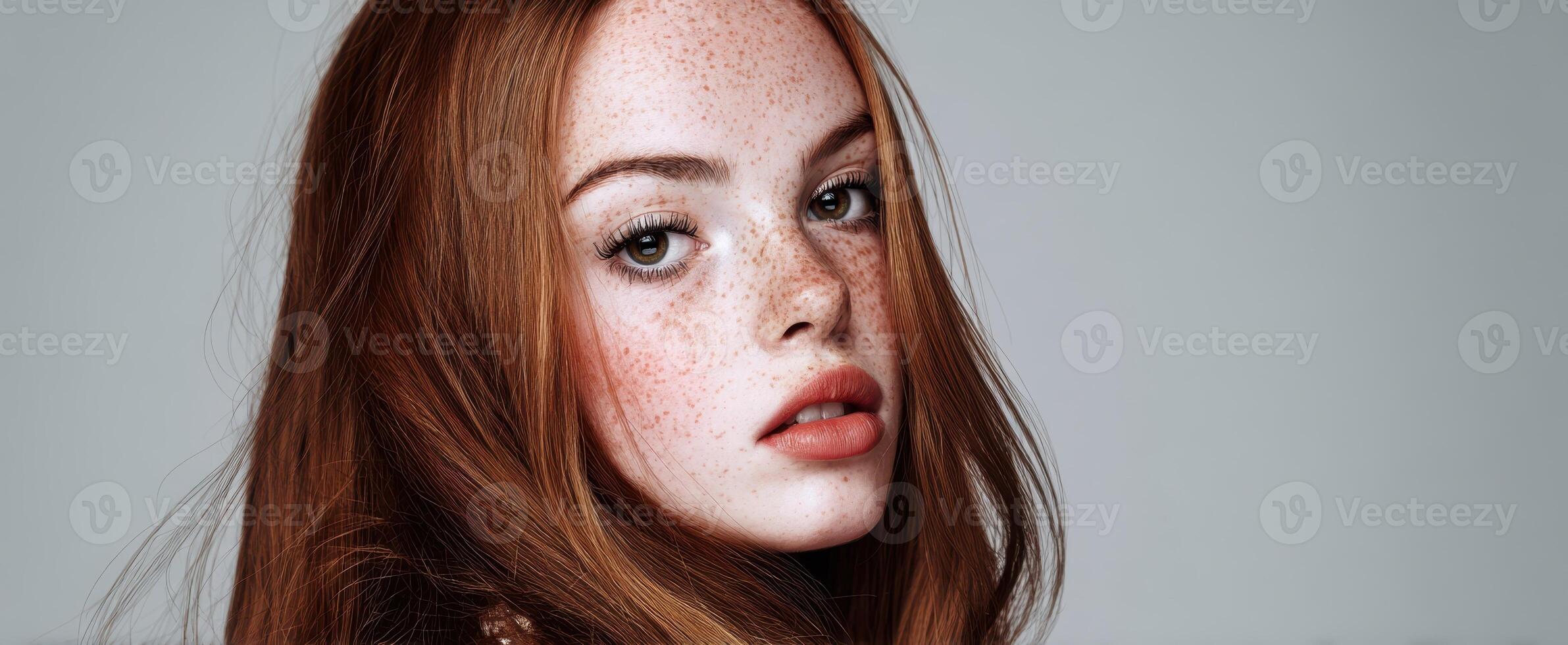 The captivating beauty of a freckled redhead in a striking portrait. photo