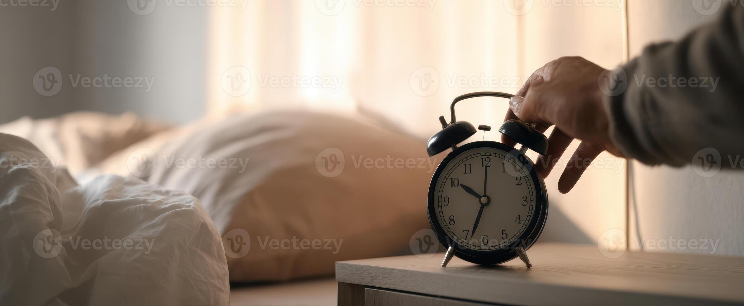 A person is reaching for an alarm clock on a bed photo