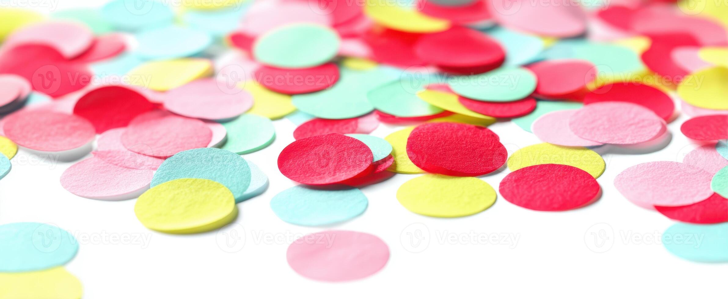 The colorful confetti scattered across a white surface creating a festive atmosphere. photo