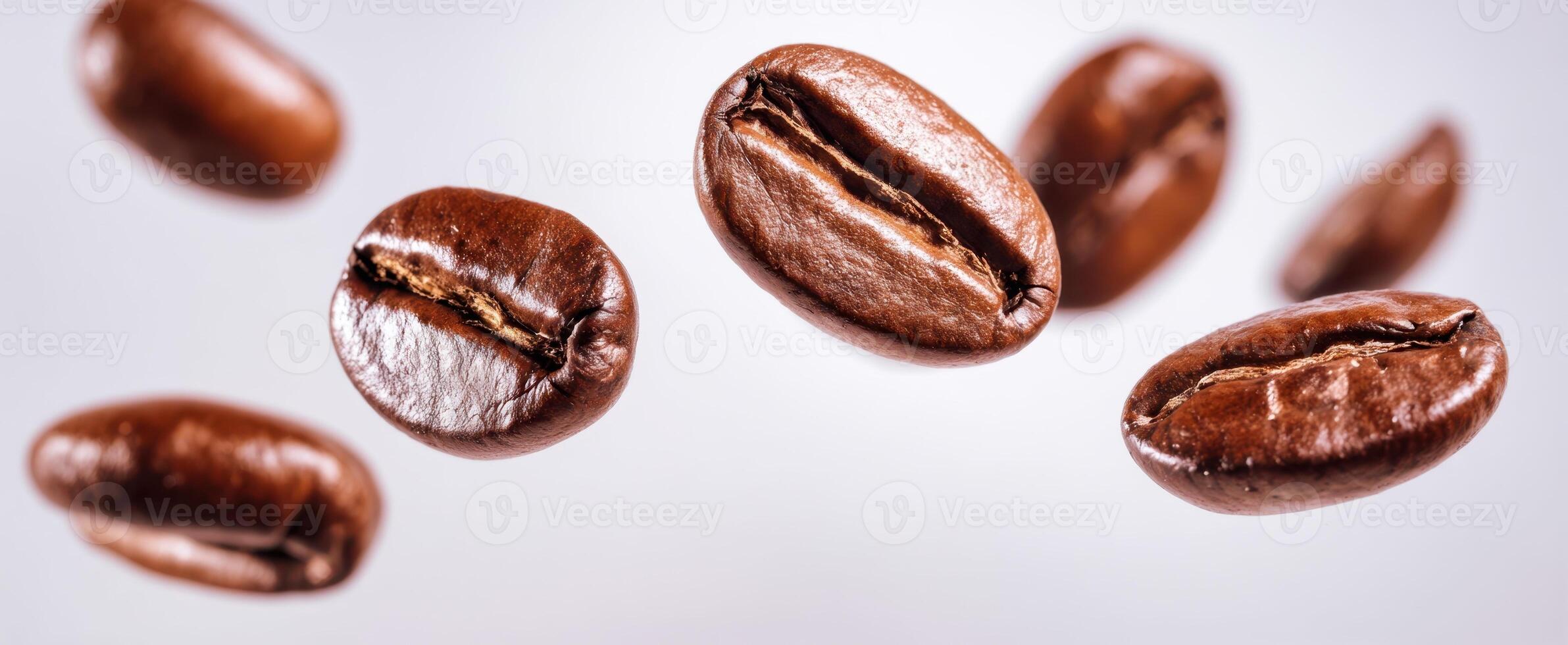The floating coffee beans showcasing freshness and rich flavor profile. photo