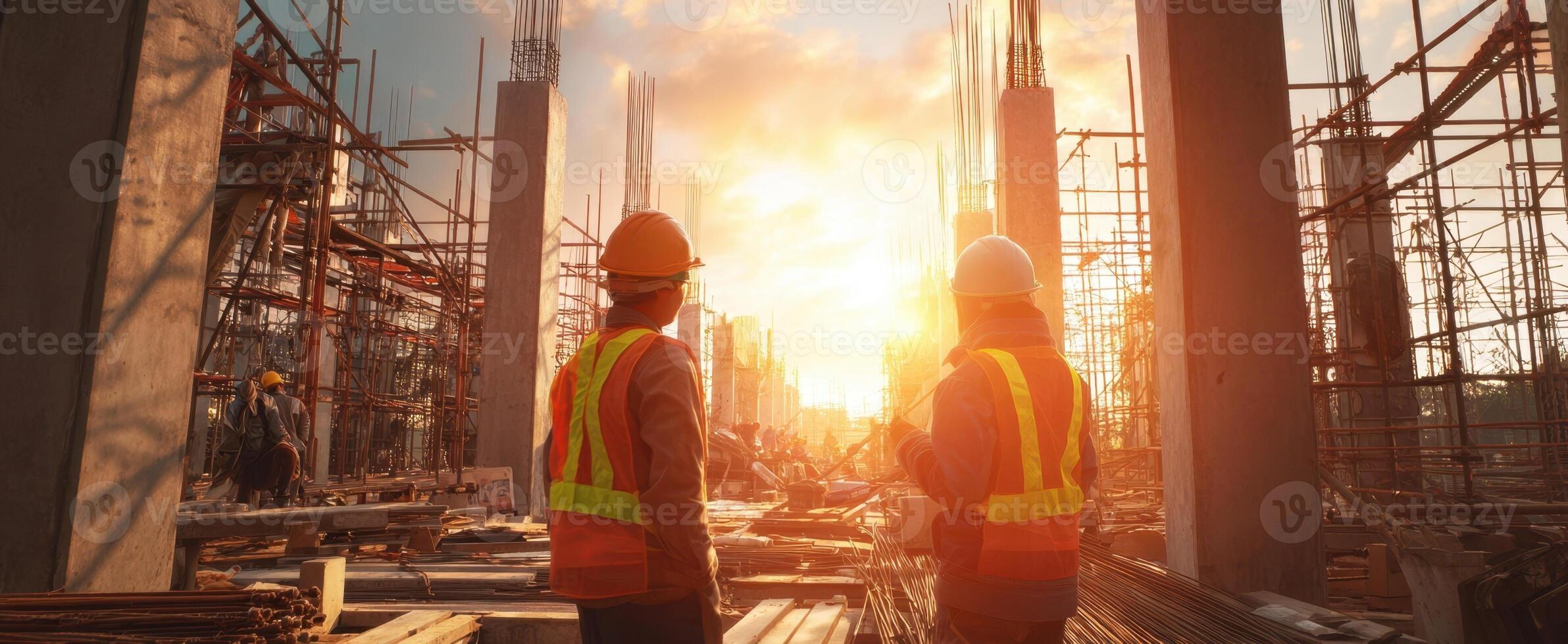 The construction workers overseeing a site at sunset amidst ongoing development. photo