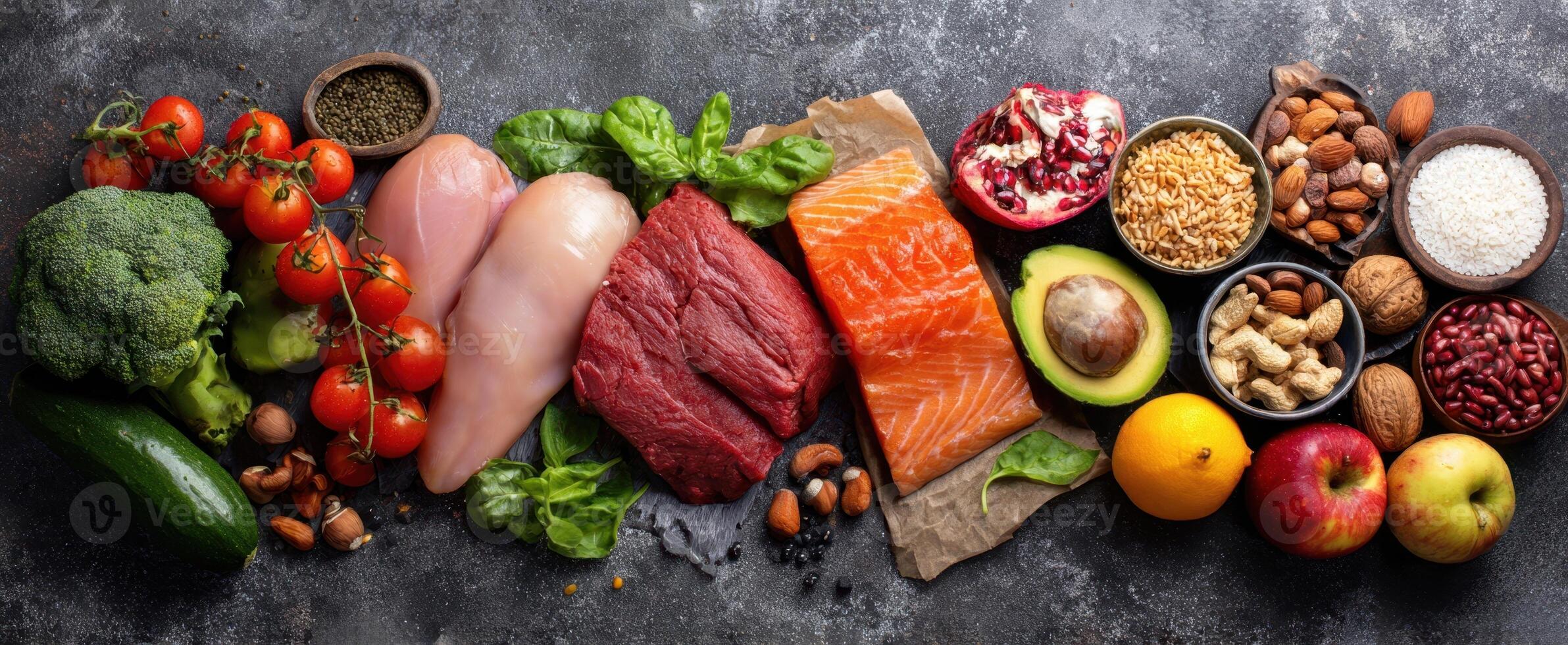 The colorful arrangement of fresh ingredients for a healthy meal prep. photo