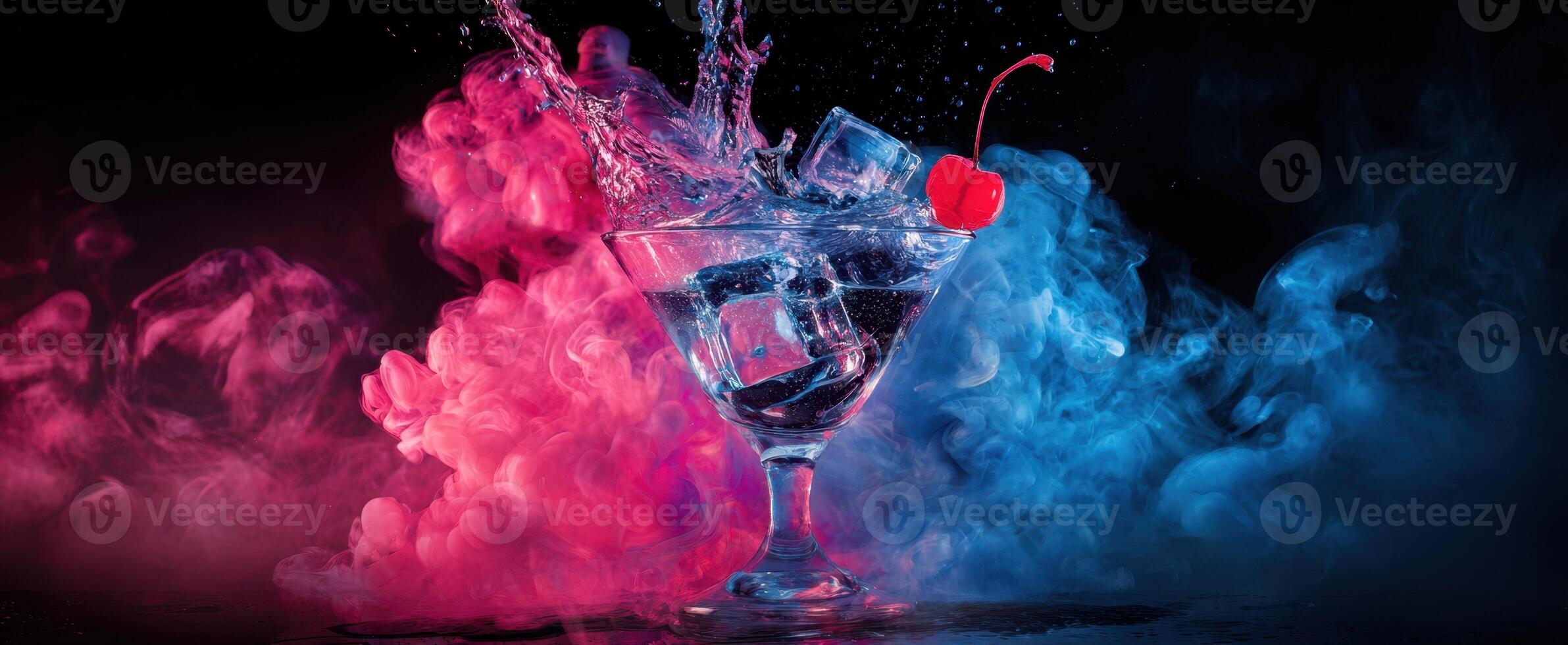 The cocktail glass splashes vibrant colors against a smoke-filled backdrop. photo