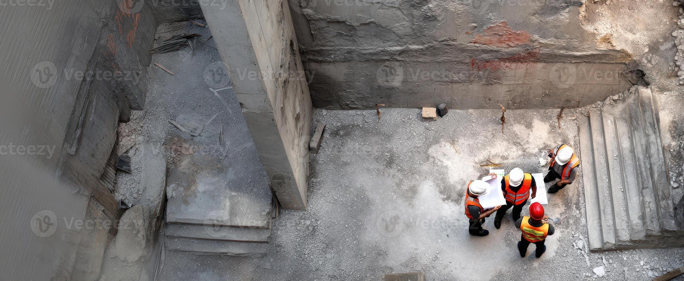 The construction workers assess plans in a building site excavation. photo