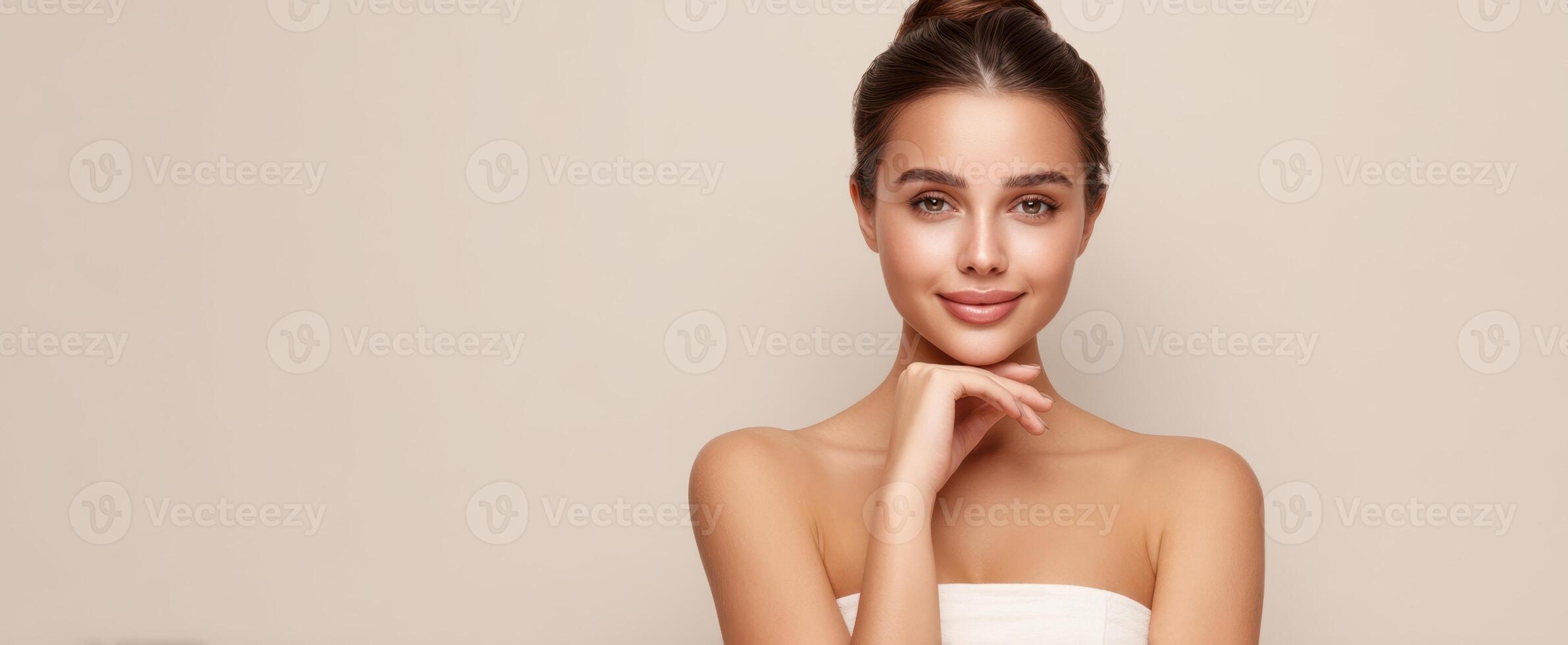 The confident woman showcasing her beauty in a clean, minimalist setting. photo