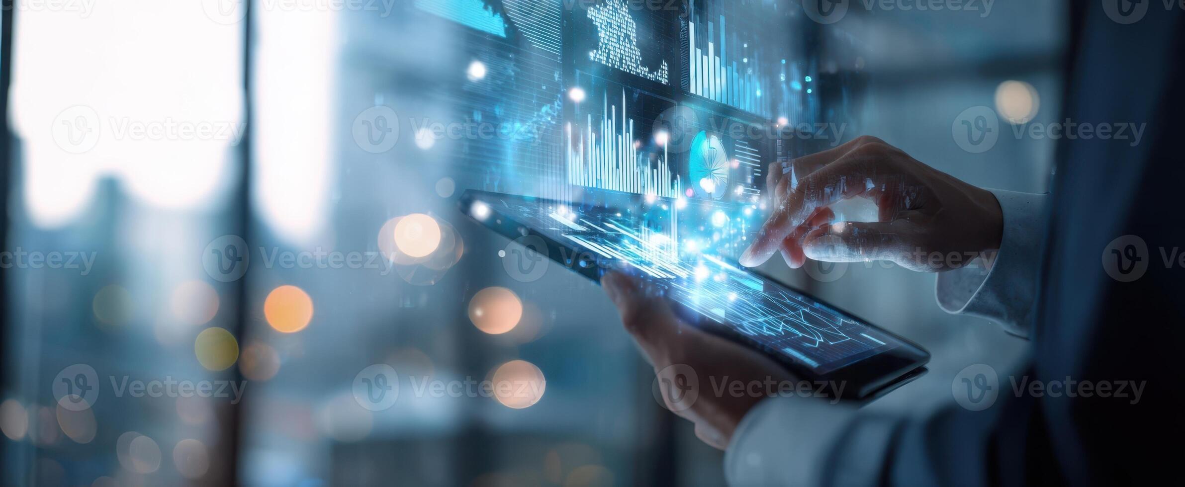 The innovative tablet interface showcasing data analytics in a modern business environment. photo