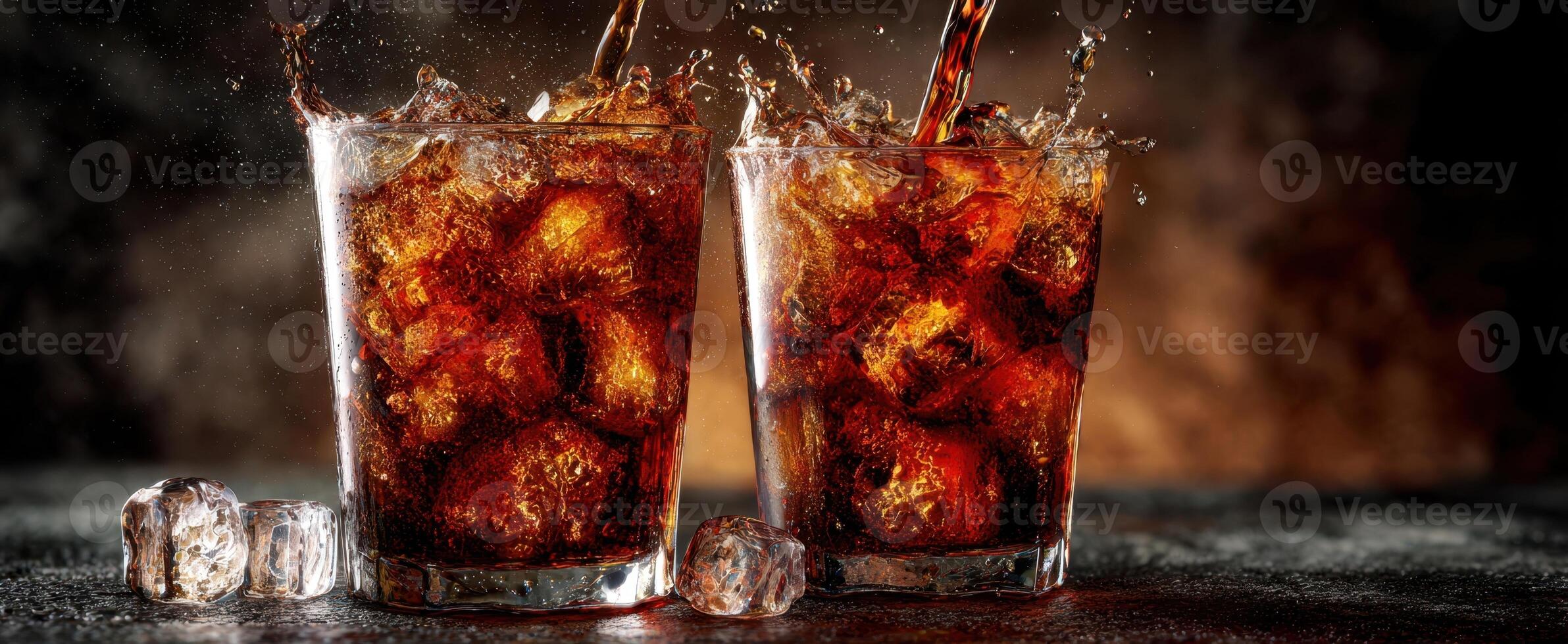 The enticing pour of refreshing cola in chilled glasses with ice. photo