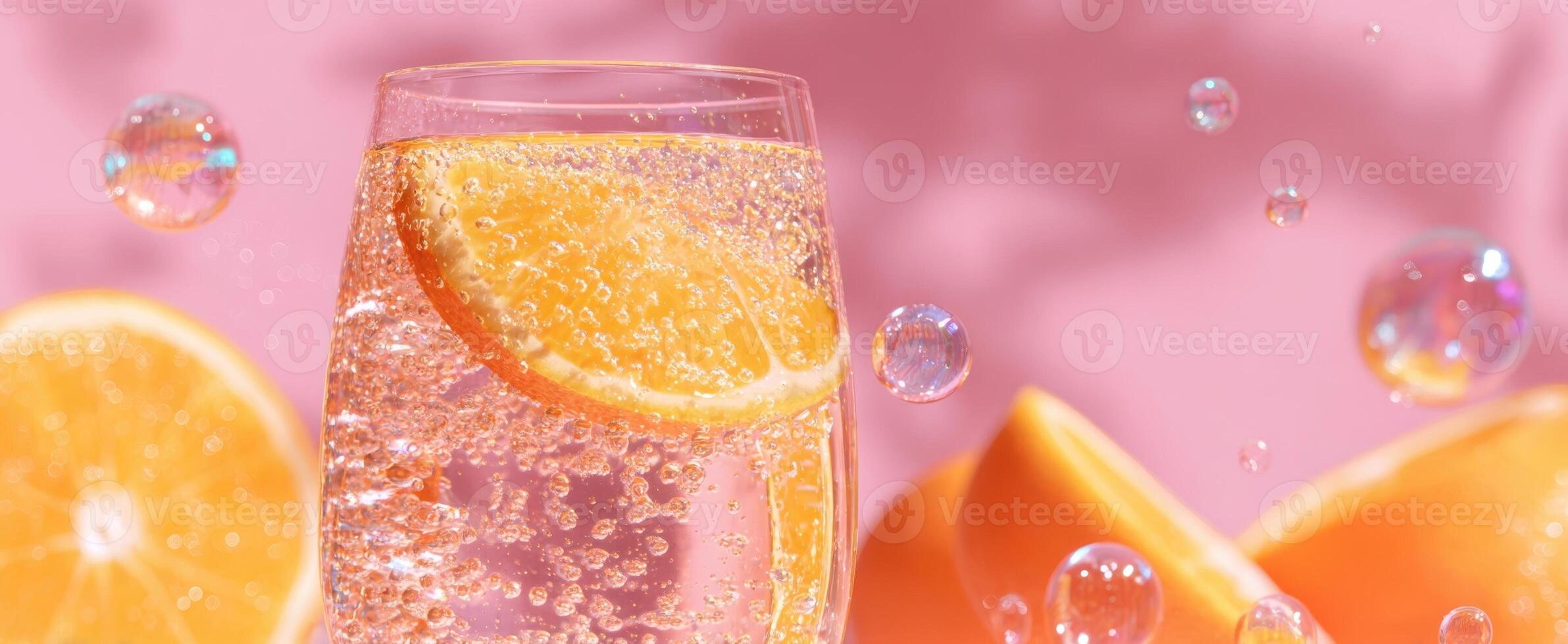 The refreshing orange drink with bubbles and vibrant pink background photo