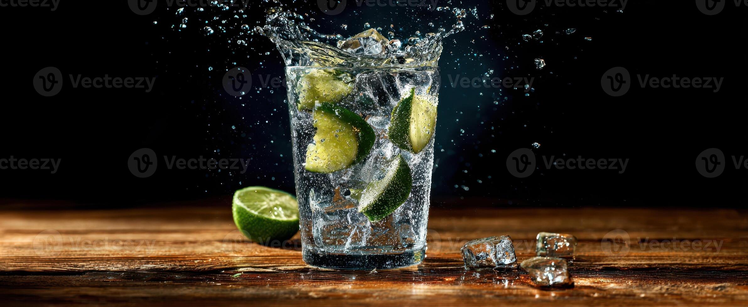 The refreshing cocktail splashing with lime and ice in a glass. photo