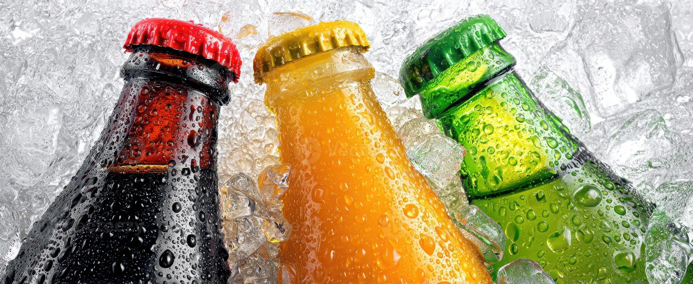 The Colorful Bottles of Refreshing Beverages Surrounded by Ice. photo