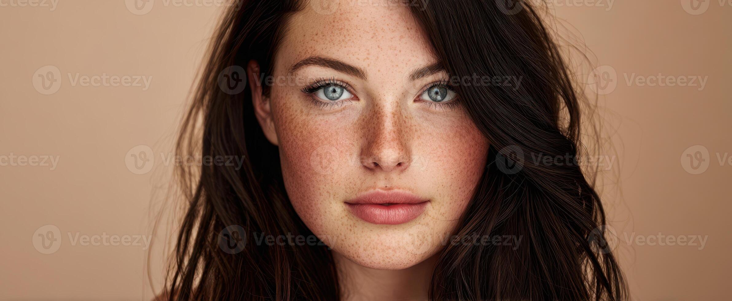 The captivating portrait of a woman with striking freckles and expressive eyes. photo