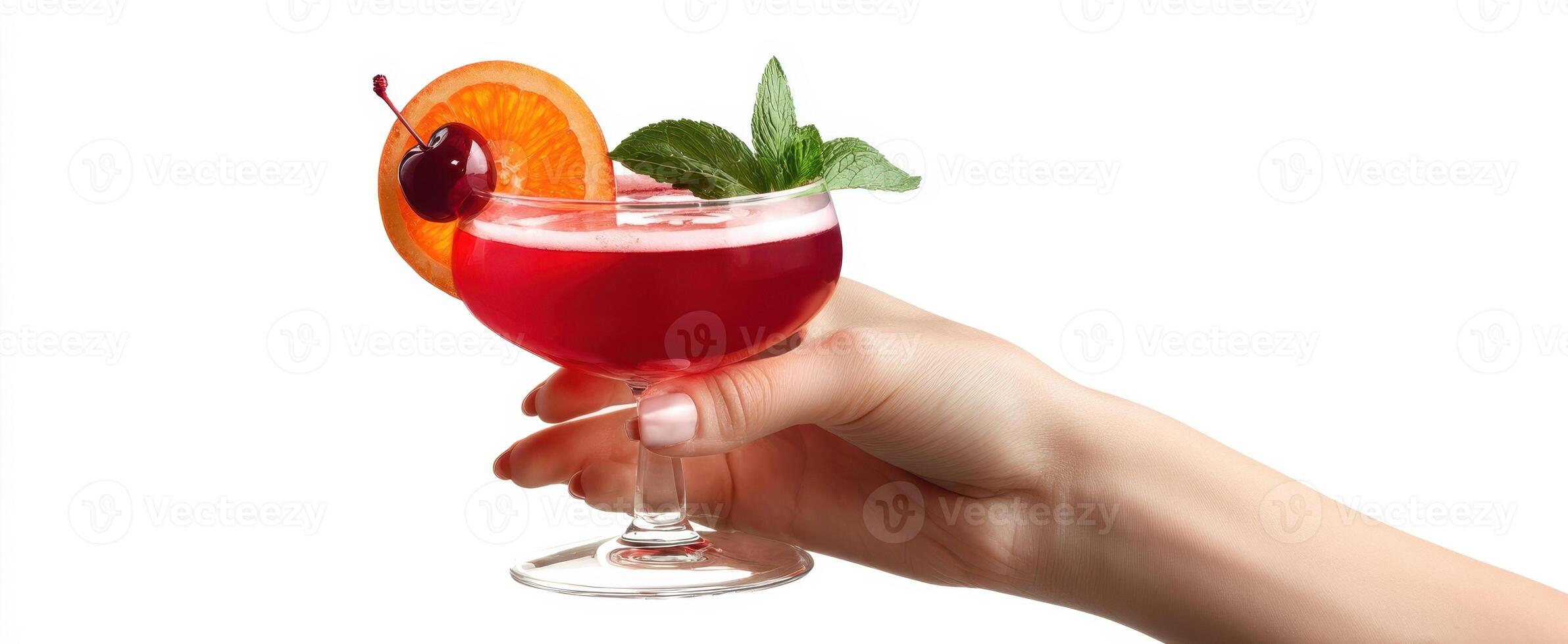 The vibrant cocktail garnished with cherry and orange slice in a hand. photo
