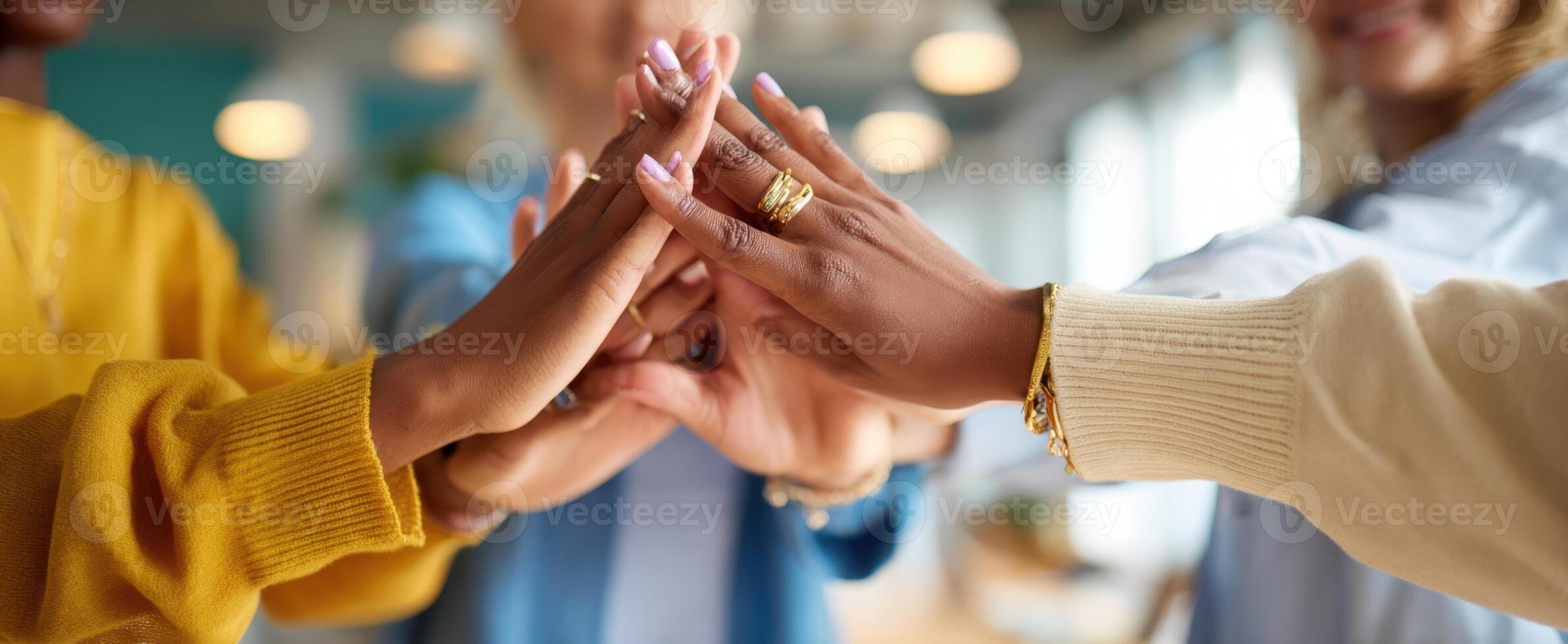 The unity of hands celebrating teamwork and friendship in a professional setting. photo