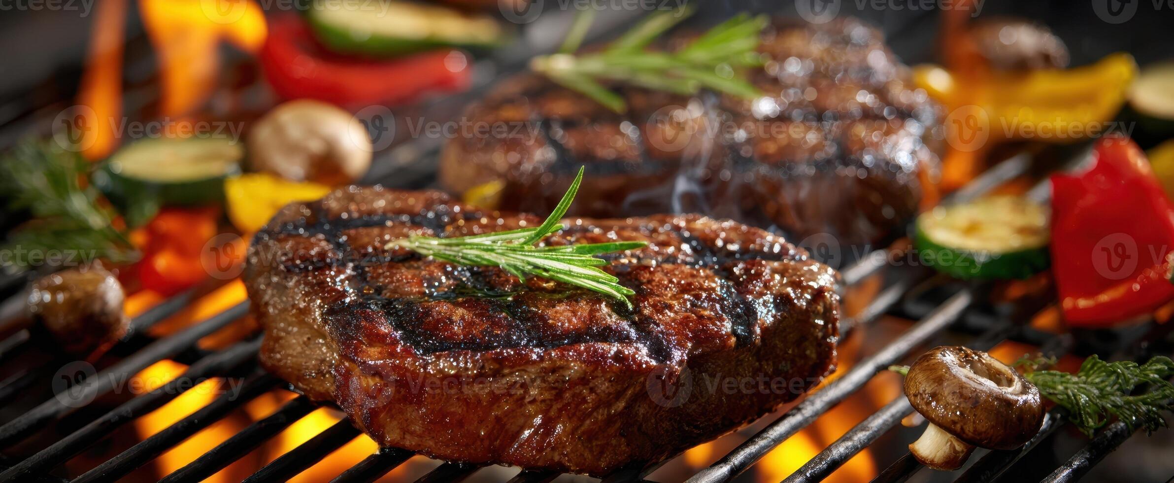 The sizzling steak garnished with rosemary on a hot grill surrounded by vegetables. photo