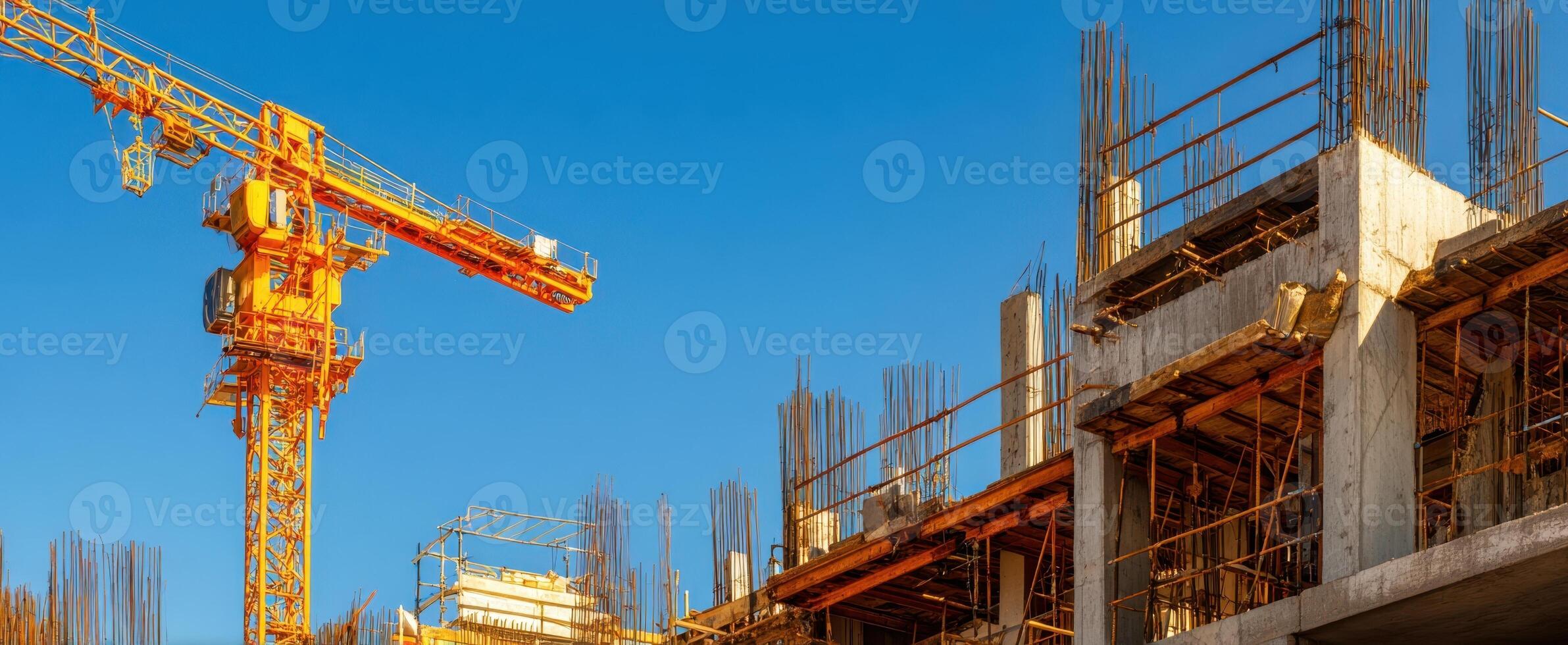 The construction site showcasing a crane and building framework against a clear blue sky. photo